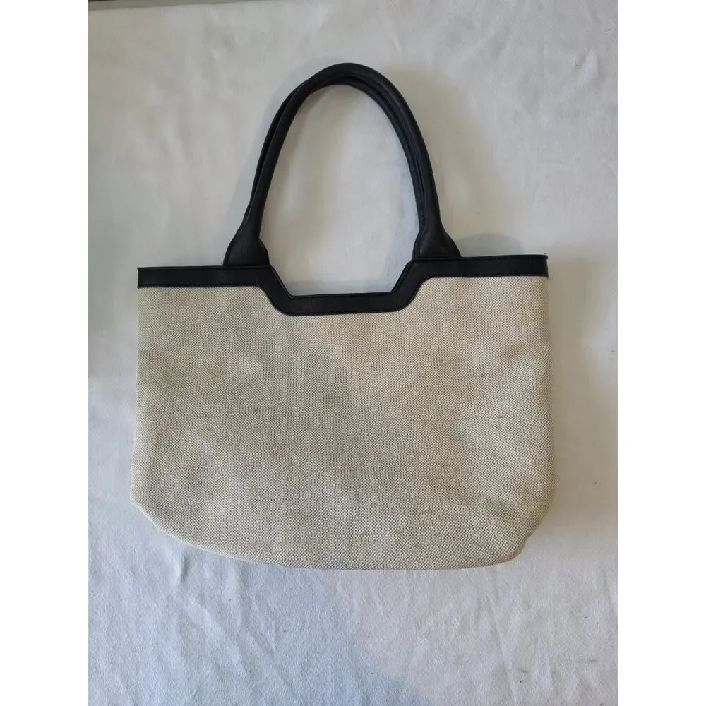 Rachel Zoe Capri Canvas Tote Bag Beige Black Linen Vegan Leather Shoulder Purse